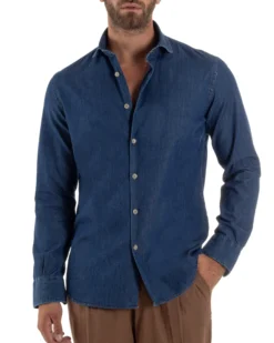 Camicia Jeans Collo Francese Cotone Denim Scuro C3013A