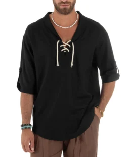 Camicia lino casacca maniche 3/4 scollo lacci nero GIOSAL-C2995A