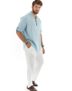 Camicia lino casacca maniche 3/4 scollo lacci celeste GIOSAL-C2833A