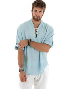 Camicia lino casacca maniche 3/4 scollo lacci celeste GIOSAL-C2833A