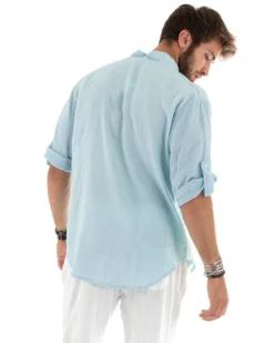 Camicia lino casacca maniche 3/4 scollo lacci celeste GIOSAL-C2833A
