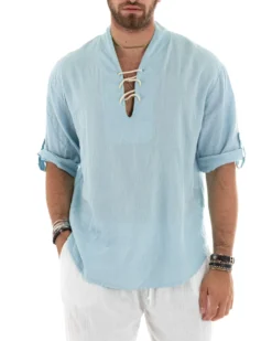 Camicia lino casacca maniche 3/4 scollo lacci celeste GIOSAL-C2833A