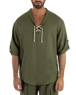 Camicia lino casacca maniche 3/4 scollo lacci verde GIOSAL-C3093A