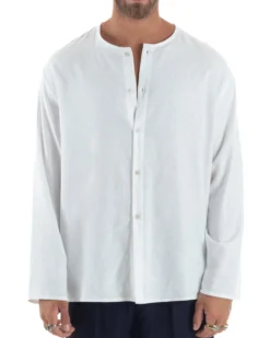 Camicia Lino Casacca Relaxed Fit Collo Coreano Bianco C2973A