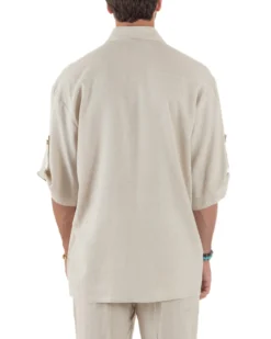 Camicia lino casacca relaxed fit scollo v beige GIOSAL-C2999A