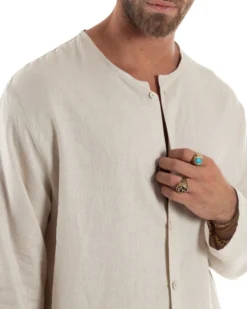 Camicia Lino Casacca Relaxed Fit Collo Coreano Beige C2970A
