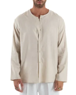 Camicia Lino Casacca Relaxed Fit Collo Coreano Beige C2970A
