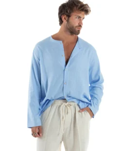 Camicia Lino Casacca Relaxed Fit Collo Coreano Celeste C2969A
