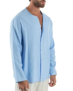Camicia Lino Casacca Relaxed Fit Collo Coreano Celeste C2969A