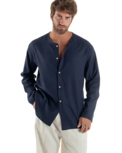 Camicia Lino Casacca Relaxed Fit Collo Coreano Blu C2968A