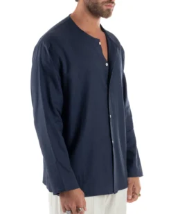 Camicia Lino Casacca Relaxed Fit Collo Coreano Blu C2968A
