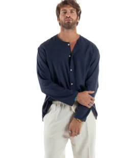 Camicia Lino Casacca Relaxed Fit Collo Coreano Blu C2968A