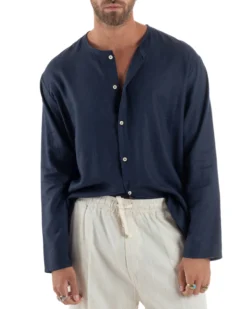 Camicia Lino Casacca Relaxed Fit Collo Coreano Blu C2968A