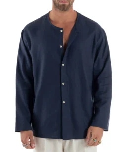 Camicia Lino Casacca Relaxed Fit Collo Coreano Blu C2968A