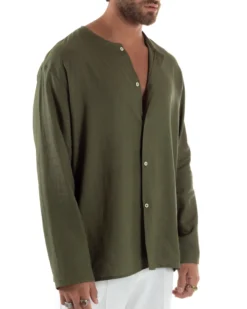 Camicia Lino Casacca Relaxed Fit Collo Coreano Verde C2971A