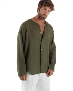Camicia Lino Casacca Relaxed Fit Collo Coreano Verde C2971A
