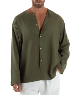 Camicia Lino Casacca Relaxed Fit Collo Coreano Verde C2971A