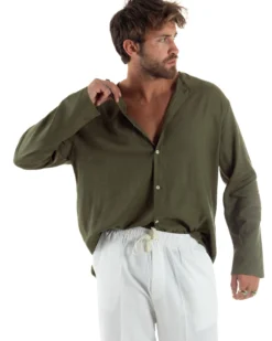 Camicia Lino Casacca Relaxed Fit Collo Coreano Verde C2971A