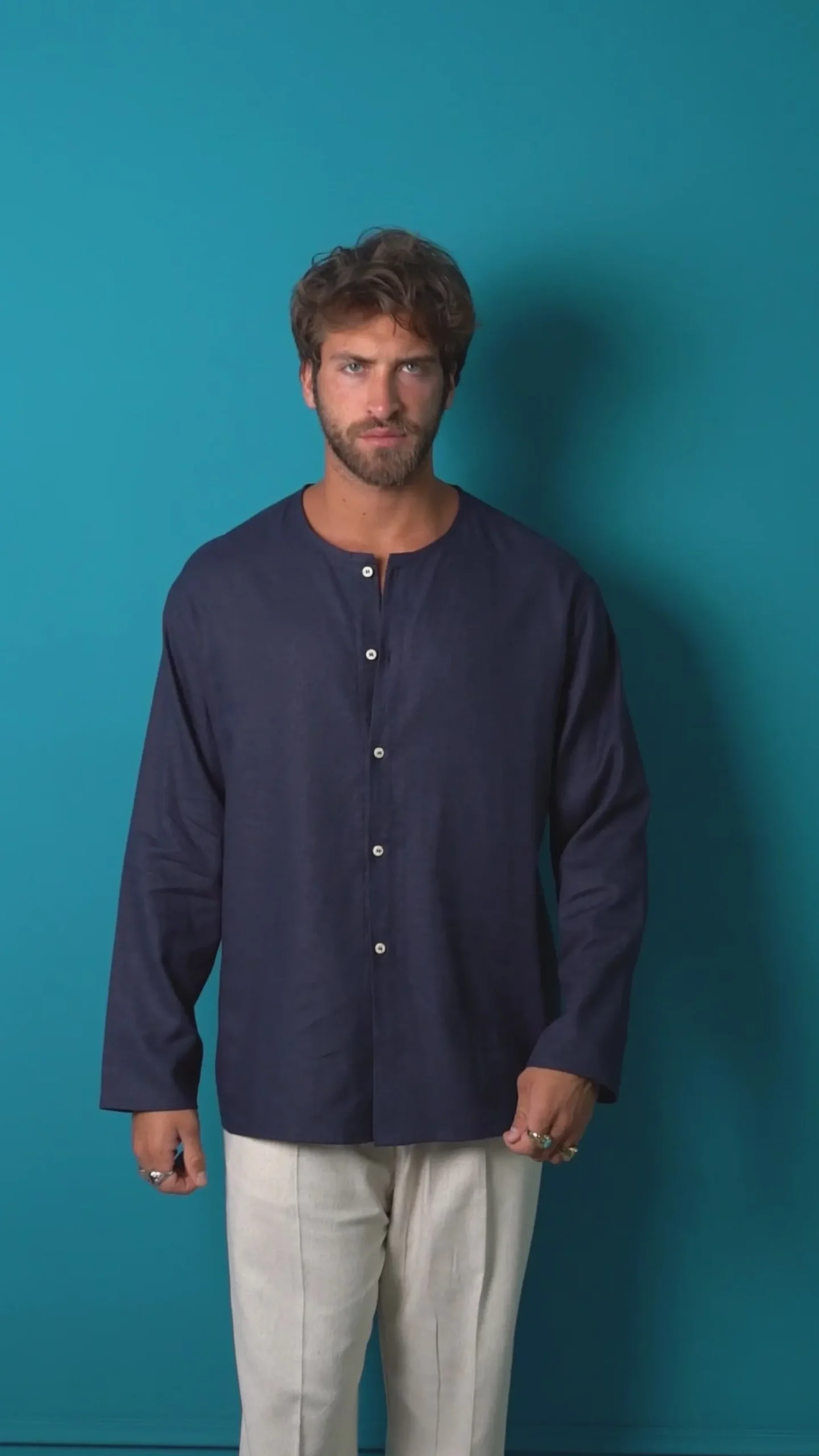 Camicia Lino Casacca Relaxed Fit Collo Coreano Nero C2972A