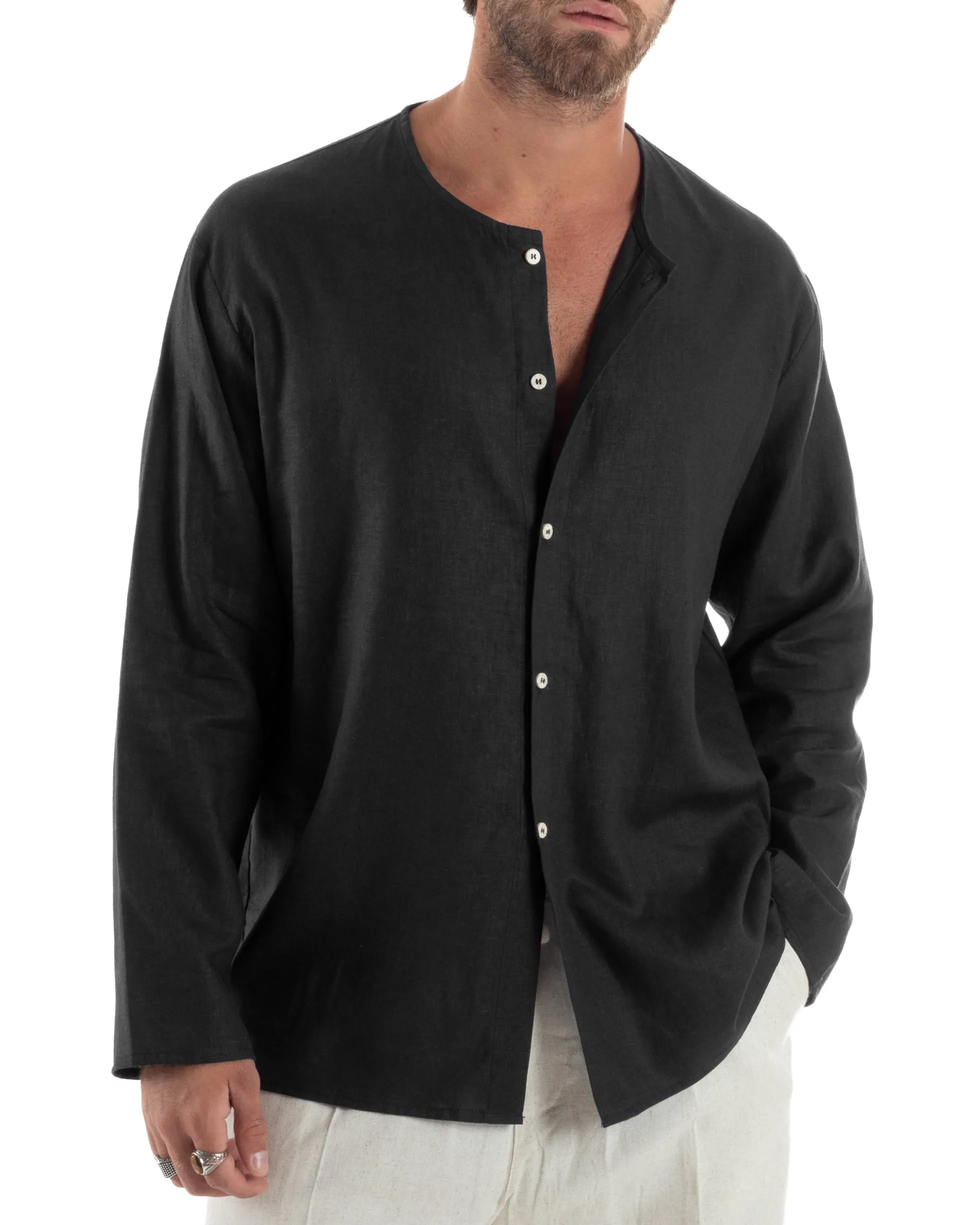 Camicia Lino Casacca Relaxed Fit Collo Coreano Nero C2972A