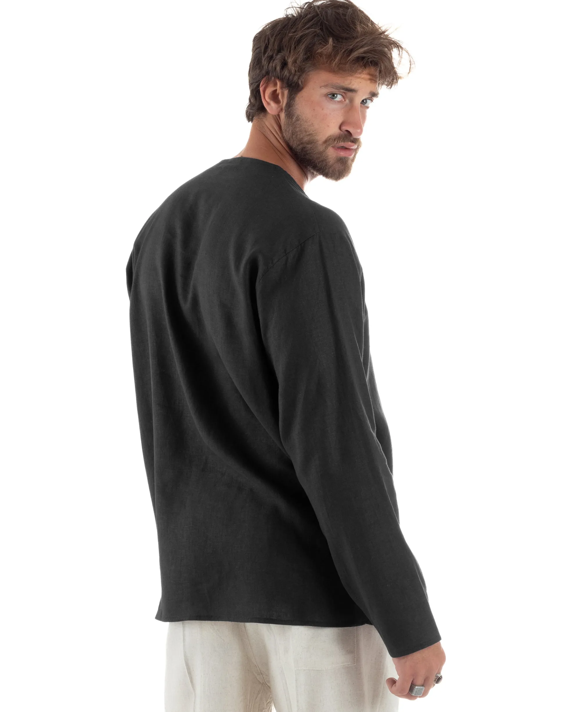 Camicia Lino Casacca Relaxed Fit Collo Coreano Nero C2972A