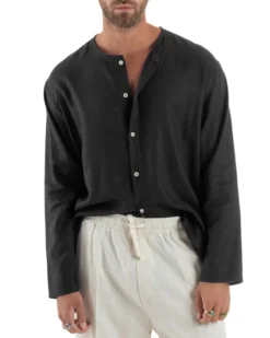 Camicia Lino Casacca Relaxed Fit Collo Coreano Nero C2972A