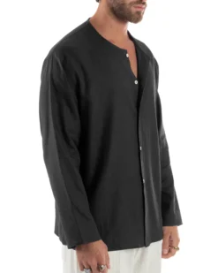 Camicia Lino Casacca Relaxed Fit Collo Coreano Nero C2972A