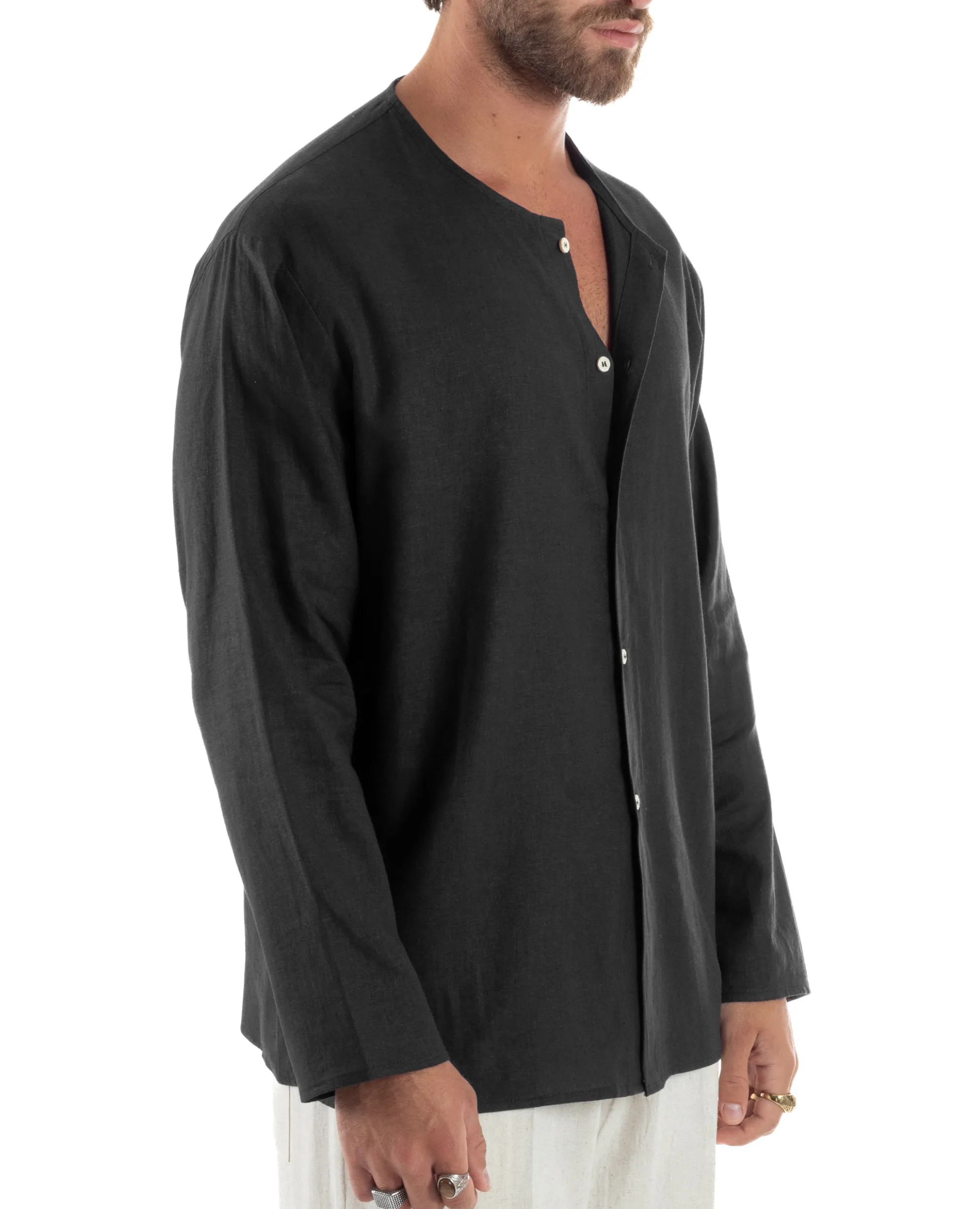 Camicia Lino Casacca Relaxed Fit Collo Coreano Nero C2972A
