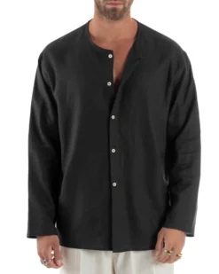 Camicia Lino Casacca Relaxed Fit Collo Coreano Nero C2972A