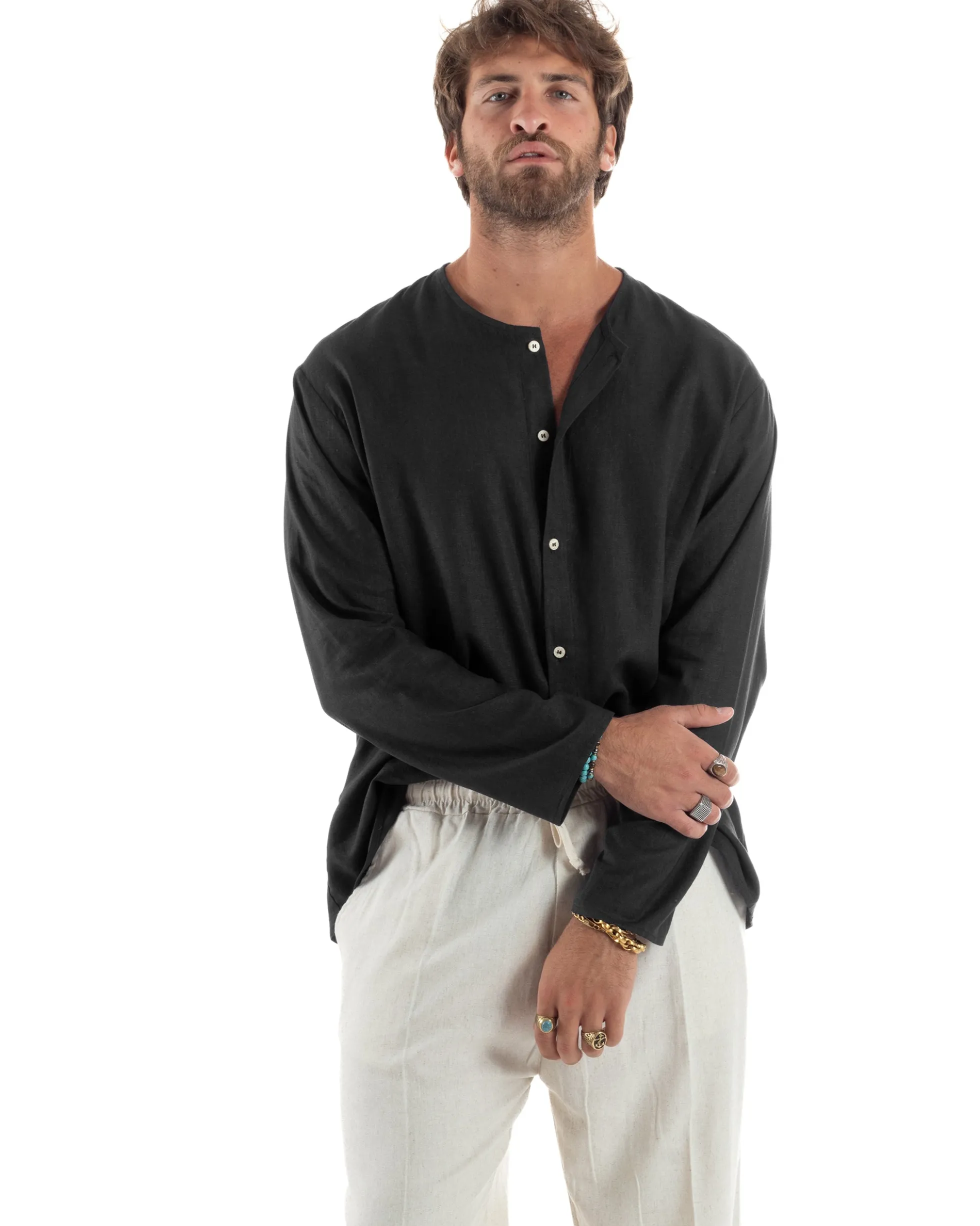 Camicia Lino Casacca Relaxed Fit Collo Coreano Nero C2972A