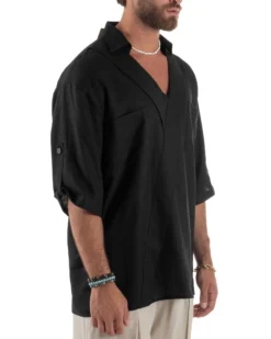 Camicia lino casacca relaxed fit scollo v nero GIOSAL-C2997A
