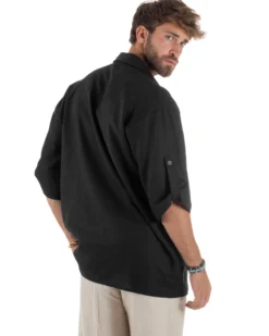 Camicia lino casacca relaxed fit scollo v nero GIOSAL-C2997A
