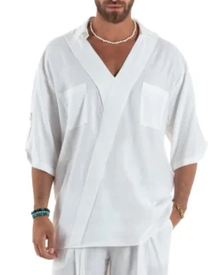 Camicia lino casacca relaxed fit scollo v bianco GIOSAL-C2998A
