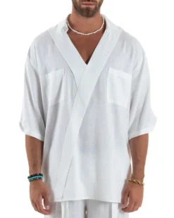 Camicia lino casacca relaxed fit scollo v bianco GIOSAL-C2998A