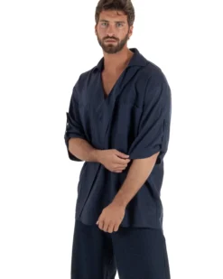 Camicia lino casacca relaxed fit scollo v blu GIOSAL-C3091A