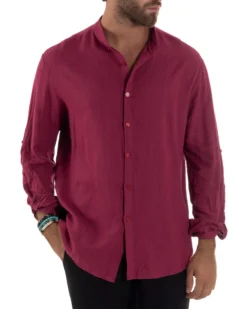 Camicia Lino Slim Fit Collo Coreano Bordeaux C3044A