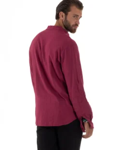 Camicia Lino Slim Fit Collo Coreano Bordeaux C3044A