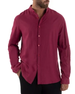 Camicia Lino Slim Fit Collo Coreano Bordeaux C3044A
