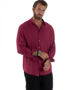 Camicia Lino Slim Fit Collo Coreano Bordeaux C3044A