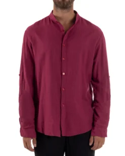 Camicia Lino Slim Fit Collo Coreano Bordeaux C3044A