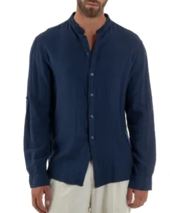 Camicia Lino Slim Fit Collo Coreano Blu C3057A