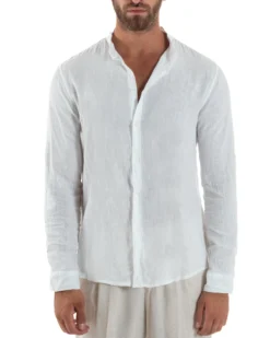 Camicia Lino Slim Fit Collo Coreano Bianco C3049A