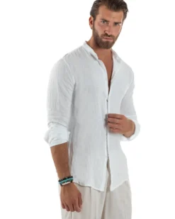 Camicia Lino Slim Fit Collo Coreano Bianco C3049A