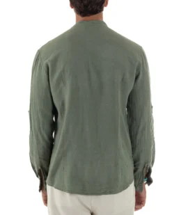 Camicia Lino Slim Fit Collo Coreano Verde Militare C3055A