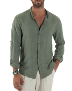 Camicia Lino Slim Fit Collo Coreano Verde Militare C3055A