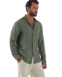Camicia Lino Slim Fit Collo Coreano Verde Militare C3055A