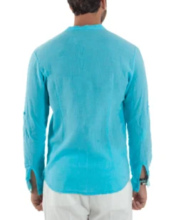 Camicia Lino Slim Fit Collo Coreano Turchese C3053A