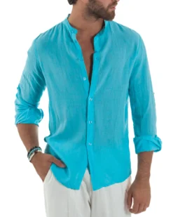 Camicia Lino Slim Fit Collo Coreano Turchese C3053A