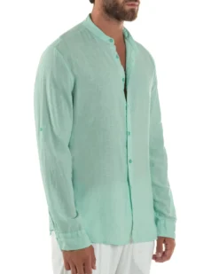 Camicia Lino Slim Fit Collo Coreano Verde Acqua C3052A