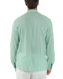 Camicia Lino Slim Fit Collo Coreano Verde Acqua C3052A